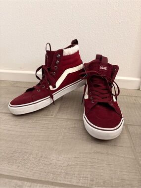 Vans Maroon High-Top Sneakers with White Stripe and Sherpa Detail